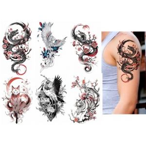 Lot de 6 feuilles de tatouages temporaires ph&eacute;nix - Renard - Tigre - Tatouage dragon - Faux tatouages d'animaux - JAP6 (Beyond Perfection, neuf)