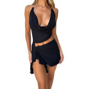 Geagodelia Robe Femme Eté Sexy Courte Dos Nu Col Décolleté sans Manches Mini Robe Halterneck Asymétrique Fendue à Volant (Noir, L) (xiqingluo, neuf)