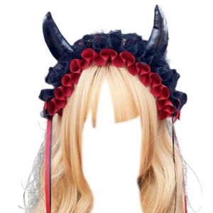 alloneslife Bandeau d'oreille en forme de corne de diable pour femme - Bandeau plissé en dentelle - Pour Halloween, photographie - Rouge brique (JINGYIKEJIGS, neuf)
