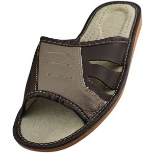 APREGGIO - Chaussons pour hommes en cuir lisse - Semelle plate - Bout ouvert - Mules en cuir pour homme - Idéal comme chaussons d’été - Gris - Taille 47 (Apreggio11, neuf)