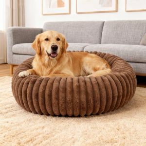 Panier pour Chien Donut Câlin Peluche Moelleuse en Fausse Fourrure Coussin Lit Ronde en Forme de Beignet pour Animaux Domestiques Lit pour Chien et Chat Tapis Rond (Brun, Diamètre 60cm) (Threelittleones-EU, neuf)