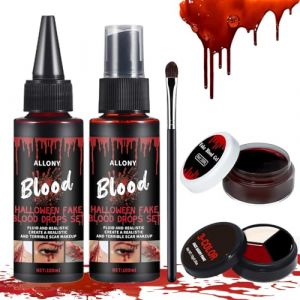 Allony Faux Sang Halloween Lavable, Maquillage Halloween Faux Sang Set, Faux Sang Coagul, 100 ml Faux Sang spray +100ml Faux Sang Liquide+30 ml Faux Sang Coagulé+Peinture de Visage Tricolore (ANLUO-OU, neuf)