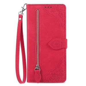 NEXCURIO Coque Portefeuille pour Apple iPhone 16 &Eacute;tui &agrave; Rabat Folio Pochette Housse de Protection en Cuir PU avec Cordon Porte Cartes Clapet B&eacute;quille Femme Fleur - Rouge (NEXCURIO NEU, neuf)