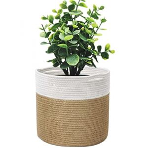 KMERCE Grand Pot de Fleurs Tressé, Cache Pot Plante Interieur, Panier à Plantes en Corde de Coton pour décoration Intérieure, Panier de Rangement pour Jouets, Vêtements - Diamètre 30cm (Jaune+Blanc) (Slton, neuf)
