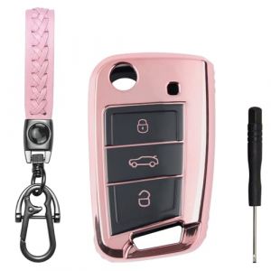 Coque Clé de Voiture 3 Boutons Compatible avec VW Golf 7 VW Polo MK7 Tiguan Seat Leon Skoda Octavia Fabia Télécommande Housse Coque de Protection Protège Clef de Voiture avec Porte Clés - Rose (WFire-EU, neuf)