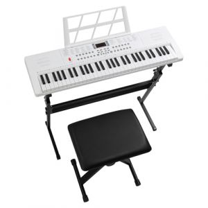 LEADZM Clavier Piano 61 Touches, Piano Num&eacute;rique avec Support de Clavier, Banc de Piano, Pupitre, Casque, Microphone, &Eacute;cran LED, 3 Modes D'apprentissage pour D&eacute;butants (Blanc) (VICTOPV, neuf)
