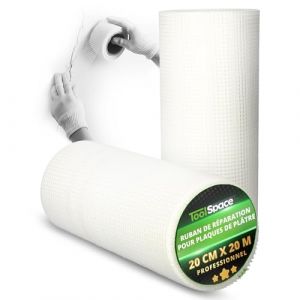 ToolSpace Bande Placo 20 cm x 20 m - Ruban de Fibre Verre avec Toile pour Plaques Pl&acirc;tre - Vande Fibree Auto-Adh&eacute;sif pour Joint Fissure Mur - Tissu Grillag&eacute;e pour Fissure R&eacute;paration Trous Enduit (ToolSpace, neuf)