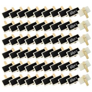 BuxiuGK 60 Pièces Mini Tableau Noir Bois Clip 4 x 2,2cm,Rectangle Mini Tableaux Mémo avec Pince pour Étiquette de Prix, Tableau Mémo Photo, Étiquette Alimentaire, Étiquette de Fête (Ymwave, neuf)