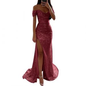 Robe de soir&eacute;e &agrave; paillettes pour femme avec fente haute, robe scintillante tendance, robe longue et confortable de haute qualit&eacute;, robe de cocktail &eacute;l&eacute;gante et longue, rouge, M (Ofpgha, neuf)