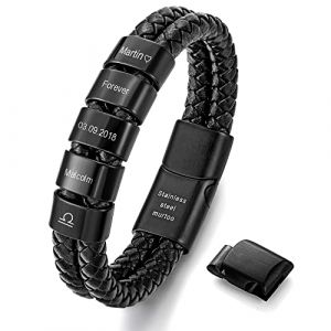 murtoo Bracelet homme personnalis&eacute; en cuir noir avec gravure, bracelet grav&eacute; avec nom, fermoir magn&eacute;tique en acier inoxydable, id&eacute;e cadeau personnalis&eacute;e pour homme (5 anneaux) (Bvanarn-offical, neuf)