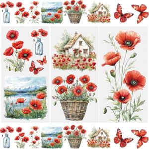 WANDIC 3 Feuilles Autocollants de Transfert, Autocollant Transfert &agrave; Frotter Stickers pour Meuble Motif Coquelicot Rouge Imperm&eacute;ables pour Scrapbooking Albums Fen&ecirc;tres D&eacute;coration,15 x 30 cm (WANDIC FR, neuf)