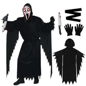 WELLXUNK Scream Deguisement, Halloween Scream Costume, Adult scream Ghostface Costume avec screa-m Masque, Ceinture, Gants et Couteau Factice, Deguisement Ghost Face Horreur pour Carnaval (lizhige, neuf)