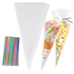 Lot de 100 sachets de c&ocirc;nes avec 100 attaches color&eacute;es,sachet pour bonbon, sac triangulaire pour bonbons, biscuits, p&acirc;tisseries(13 x 25 cm) (XMBYGEY, neuf)