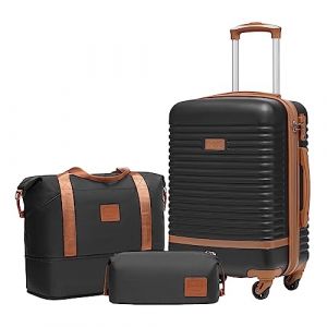 COOLIFE Valise Trolley Valise de Voyage en ABS Coque Rigide Trolley 4 Roues Serrure TSA La Valise Contient 1 Sac de Voyage et 1 Trousse de Toilette (Noir/Marron, Lot de 3 valises Cabine) (Coolife EU Directly, neuf)
