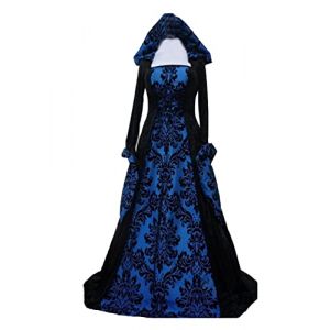 Robe longue vintage pour femme - Style gothique, médiévale et Renaissance - Taille nouée - Avec capuche - Costume de princesse Renaissance - Pour les fêtes de cosplay, Halloween, le carnaval - Bleu - (Feynman-EU, neuf)