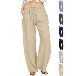 CheChury Pantalon Lin Femme Été Décontractés Pantalons Mode Coton Chanvre Confortable Jogging Plage Rétro Pants Taille Elastique Pantalon avec Poches,Beige,M (LYworld, neuf)