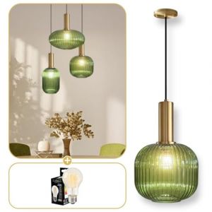 Lumeo creative | Suspension verre fumé Cristali | Lustre vintage pour salle à manger, ilot de cuisine, entree | suspension luminaire salon doré | Suspension vintage (Vert Impérial, B - Poignée Tube) (Lumeo Creative, neuf)