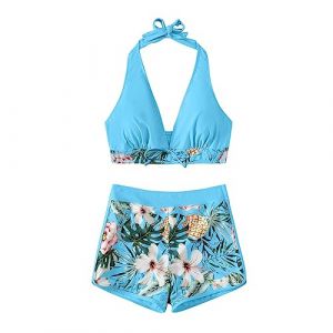 Maillot de Bain Femme 2 Pieces Push up Rembourré Taille Haute Bikini Tankinis Femme Pin up Shorty Imprimée Ete Vintage Pas Cher Trikini Maillot de Bain Piscine Femme Vert Mint XL (TOFOTL✈8-21 Jours Arrivent, neuf)