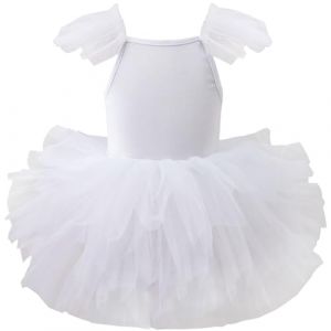 AIEOE Fille Robe de Ballet Danse Tutu Justaucorps Robe Danse Tutu Tulle Enfant Manche &agrave; Volants (Entrejambe avec Bouton) 4-6 Ans Blanc B (HIGENL, neuf)