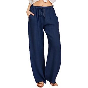 WINKEEY Femme Pantalon en Lin Été Pantalon Fluide Léger avec Poches Pantalon Large Casual Décontracté, Bleu Marine S (WINKEEY, neuf)