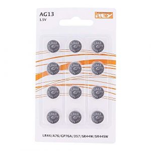 Lot de 12 Piles Alcaline AG13 1,5V, Pile Bouton au Lithium Alcaline, LR44, A76, GP76A, 357, SR44W, SR44SW (REY &reg;, neuf)