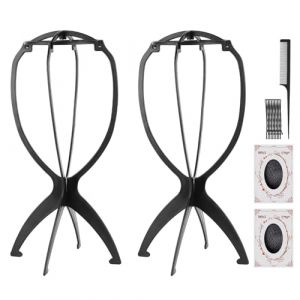 MXTIMWAN 2 Pièces Support Perruque, porte perruques, Support de Perruque Pliable Portable,D'affichage de Perruque,Avec 2 filets à perruque, un peigne à perruque, une pince à perruque（Noir） (NECUNDASHOP, neuf)
