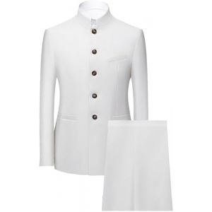 JEShifangjiusu Costume Tunique Chinoise 2 Pièces Uniforme Traditionnelle pour Hommes Ensemble Blazer à Col Mandarin Ensemble Pantalon Veste Boutonnée Robe de Marié (Blanc 1,XL) (Huabaohua[7-12 Deliverly], neuf)