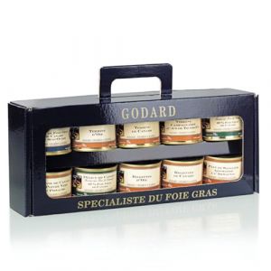 Coffret Cadeau Gourmand Godard, Sp&eacute;cialiste du Foie Gras, 10 Terrines et Rillettes de Canard et d'Oie (Ptiparis, neuf)