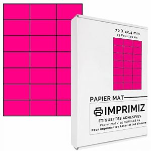 525 étiquettes autocollantes Rose fluo de 70 X 42 mm - 21 étiquettes/feuille - 25 planches papier A4 adhésif couleur - pour impression Laser et Jet d'encre (Boutique-Design, neuf)