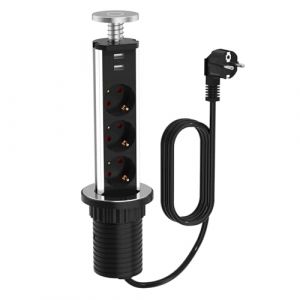 Meisax Multiprise Encastrable Bloc avec 3 Prises 2 USB Diamètre 60mm Câble 1,8m, Prise Escamotable Plan de Travail pour Cuisine Bureau Chambres Salon (Argent) (YDmeitu, neuf)