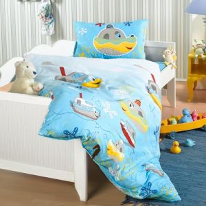 Parure de lit pour bébé et fille - 100 x 135 cm + 40 x 60 cm - 100 % coton renforcé - Fermeture éclair - Bateaux - Bleu (BasaTex GbR, neuf)