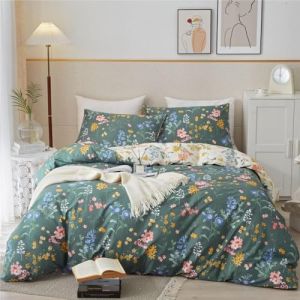 Freyamy Housse de Couette Fleurie 240x260+2 Taie d'oreiller 65x65cm Vert Rose Coloré Feuilles Floral Parure de lit 2 Personnes Adulte Sets de Housse Couette en Microfibre avec Fermeture Éclair (Mitchell'SZ, neuf)