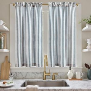 TOPICK Rideau Cuisine à Rayures 65L X 115H (cm) Lot de 2 Rideau Lin Rayé Bleu et Beige Rideaux Translucide à Passe-Tringle Rideaux Fenetre Brise-Bise Court Décoration Intérieur Placard Chambre (Audrey Home Fashion, neuf)
