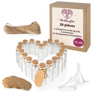 WeddingTree 20 Petite Bouteille en Verre 11ml - Tube a Essai pour Les Mariages - Petite Fiole en Verre - Set avec Liège et Pendentif en Forme de Coeur - comme Cadeau de Cariage, Bocal à Épices (ILP GmbH, neuf)
