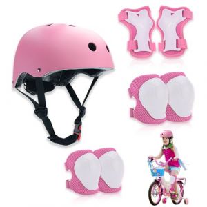Zyluniy Protection Roller Enfant, 7 Pcs Sets de Protection Rollers, Réglables Coudières Genouillère, Casque Vélo Enfant Kit pour Roller, Vélo, Skateboard, Trottinette - Rose (MATERSE, neuf)