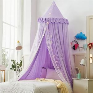 HUOQOU Baldaquin de lit pour Filles Double Couche Princesse Dôme Rond Enfants Moustiquaire rêveuse Linge Château Tente de Jeu Maison Suspendue Décor Niche de Lecture Baldaquins(Violet/Blanc) (blingbling textile, neuf)