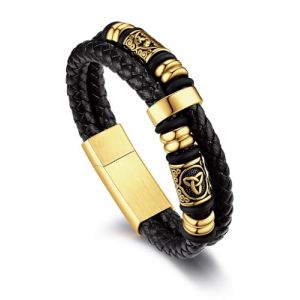 Bandmax Bracelet Homme Cuir Celtique 19cm, Bijoux Homme Bracelet Cuir Homme Or, Bracelet Amulette Viking pour P&egrave;re, Mari, Fr&egrave;re (Bandmax Direct, neuf)
