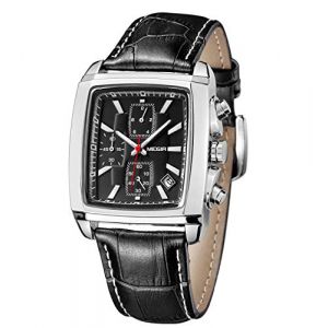 MEGIR Montre Homme Chronographe Lumineux Quartz Noir Rectangulaire Montre Mode Classique Carré Homme avec Bracelet en Cuir 2028G (ForraderDirect, neuf)