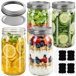 Otauoaea Lot de 4 Mason Jars 940ml Bocaux Mason,Bocaux en Verre pour Overnight Oats,Bocal en Verre avec Couvercle Herm&eacute;tique,Pot Conservation Verre Bocal &agrave; Pickles pour Confiture, Yaourt, Miel, Salade (Versatile official, neuf)