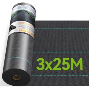 iropro Toile de Paillage 3m x 25m Geotextile,de Paillage Bache Geotextile Toile Anti Mauvaises Herbes Tissu Perm&eacute;able &agrave; l'eau, 90GMS R&eacute;siste Rayons UV,Anti Repousse- 75㎡ de Geotextile Noir (Dreamome FR, neuf)