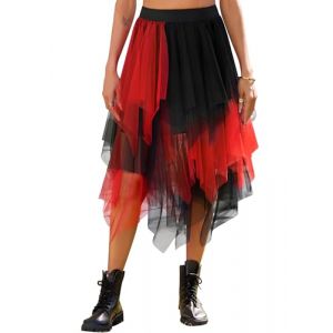 Lovasy Jupe Tulle Femme Mi Longue Jupe Tutu Asym&eacute;trique A-Line Taille Haute &Eacute;lastique Robe Tutu pour Carnaval Halloween Daily Prom Party,A-Rouge/Noir,S/M (Lovasy Direct, neuf)