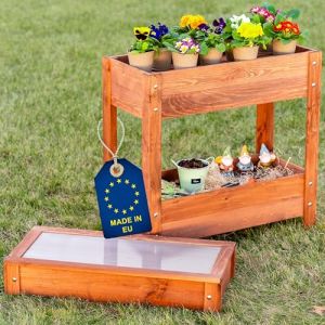 ITA Carr&eacute; Potager sur&eacute;lev&eacute; en Bois - Mini Serre Ch&acirc;ssis Incluse - 2 Jardini&egrave;res sur Pied avec Feuille de Protection - pour Fleurs, l&eacute;gume, Herbes - Brun (ITA HOME AND GARDEN, neuf)