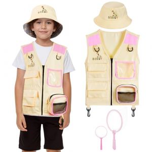 BSBUY Kit de Exploration Enfant, 4Pcs Kit de Aventurier Extérieur avec Gilet de Safari, Chapeau, Filet à Papillon, Loupe, Équipement de Explorateur Extérieur, Cadeau de Jouets Exploration pour Enfant (BSBUY, neuf)