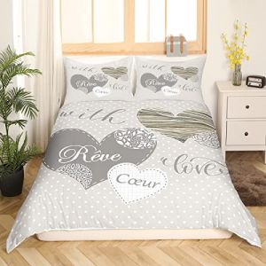 Love Decor Parure de lit Gris Kaki Femme Homme Couples Housse de Couette en Microfibre imprimé cœur Housse de Couette 200 x 200, Simple Polka Dots Love Housse de Couette avec 2 taie d'oreiller (Bofanshangmao, neuf)