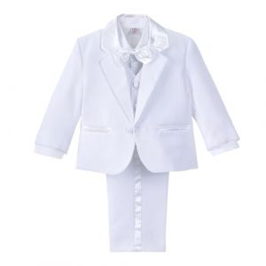 Lito Angels Costume Mariage Ceremonie Bebe Garcon, Ensemble 5 Pieces (Blazer, Gilet, Chemise, Noeud Papillon et Pantalon), Taille 9 Mois (étiquette en Tissu 9M), Blanc (Lito Angels FR, neuf)
