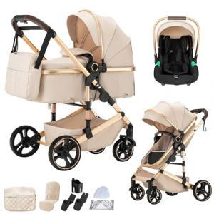 BEBBY Poussettes 3 en 1 Combin&eacute;es Poussette Poussettes Combin&eacute;e Portable Poussette Canne Paysage Haut Cadre en Aluminium Nouveau-n&eacute; 0-36 (H9-BEIGE, H9-Pliage en un clic) (BEBBY, neuf)