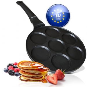 endusor Poele a pancakes induction - Poele pancakes avec un diamètre de 26cm + revêtement anti-adhésif | Plaque à Induction Gaz Céramique Électrique Halogène | 7 trous pour Pancake Blinis Oeuf Crêpe (KM FACTORY HOME, neuf)