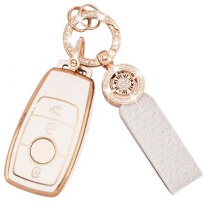 Koaudb Housse pour clé de voiture Mercedes Benz A B C E G S SL CLS Class AMG 3 boutons étui de protection de porte-clés en TPU souple avec porte-clés Bling White Gold (C-Bz-3L) (Koaudb, neuf)