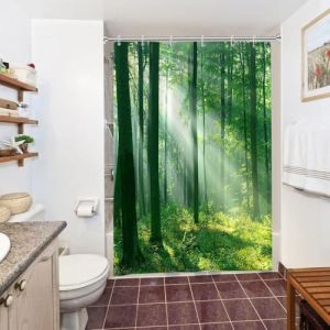 Uiiooazy Rideau Douche Anti Moisissure, Rideau de Douche 150x200cm Feuilles Vert Printemps Forêt Paysage Soleil Rideaux de Baignoire Tissu Lavable Imperméable Rideaux Salle de Bain avec 10 Crochets (dongguibinjingpinxiaodianpu, neuf)