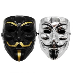 JACKANNA Lot de 2 masques V comme Vendetta - Masques anonymous unisexes pour Halloween/cosplay/carnaval (adultes et enfants) (noir + argent) (JackRong, neuf)